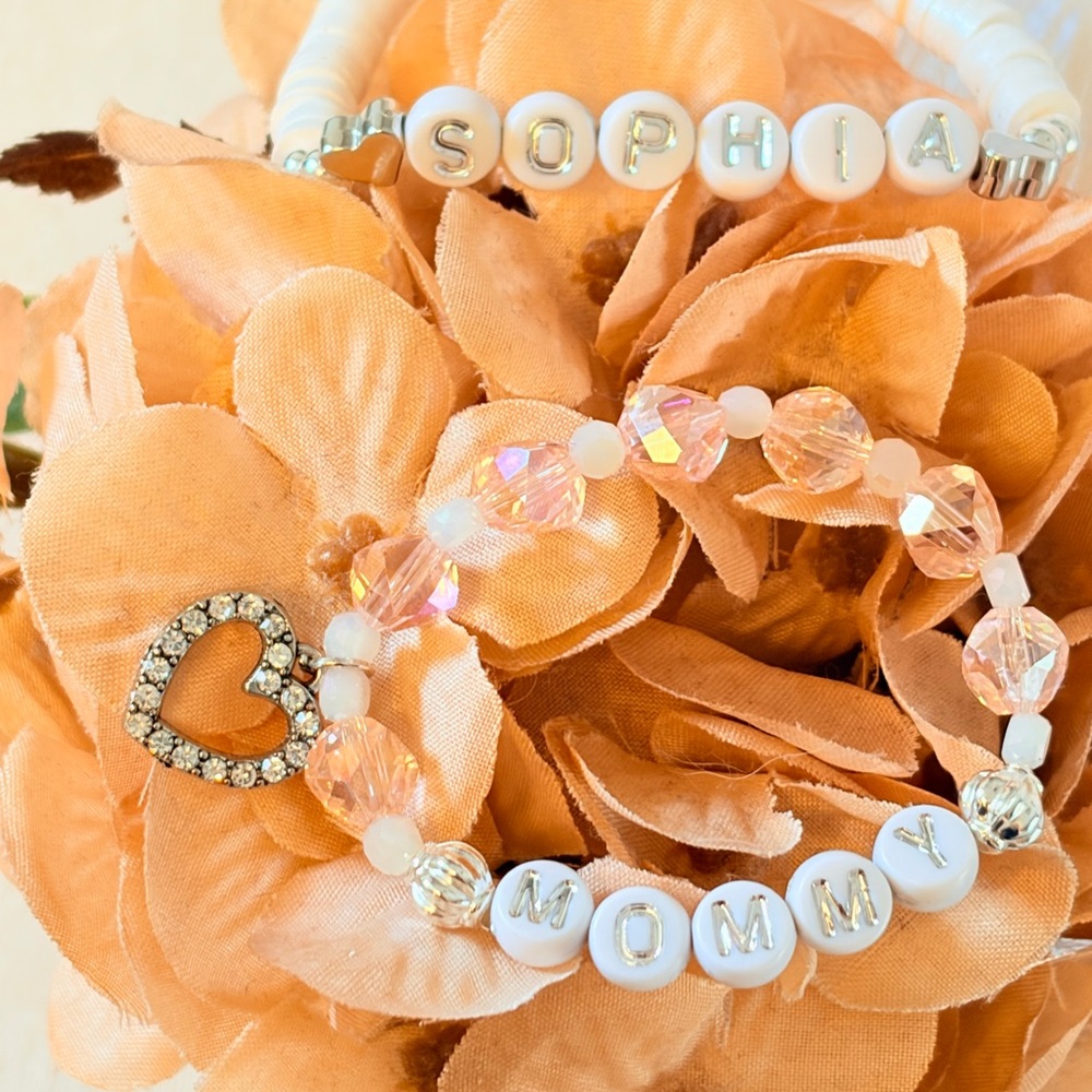 Mommy & Me Stackable Beaded Bracelet • Rhinestone Charm • Personalized Jewelry
